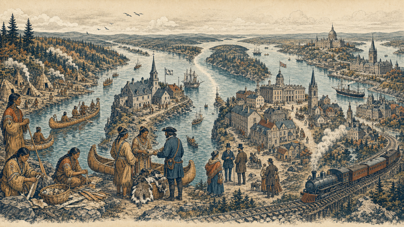 从原住民家园到法国与英国殖民地,再到1867年联邦的分层时间图