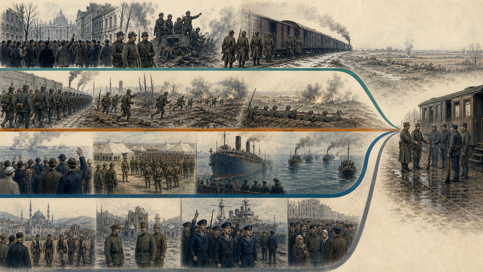 1917至1918年俄国退出美国增兵同盟国瓦解和停战的多线时间图