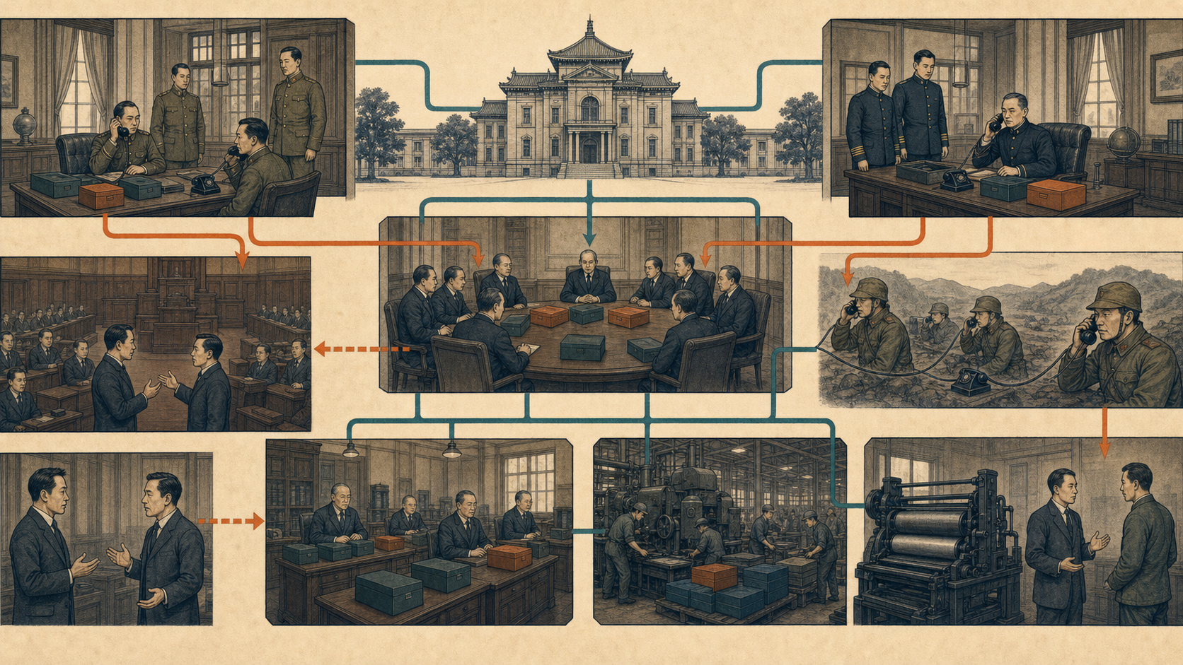 天皇统帅体系军部内阁官僚财界和政党之间权力牵制失衡的结构图