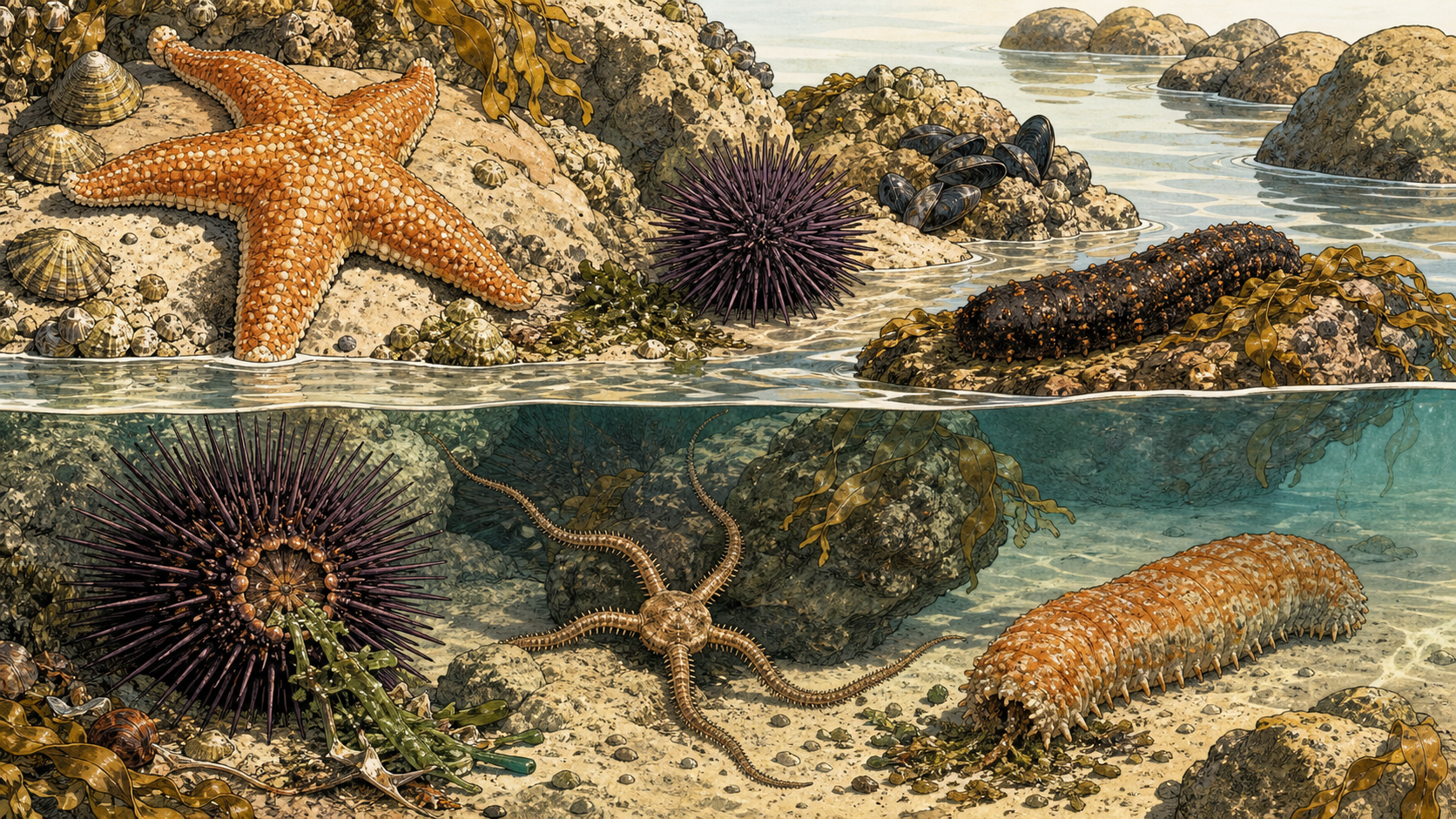 礁区中海星、海胆、海参和海百合各自取食的生态场景
