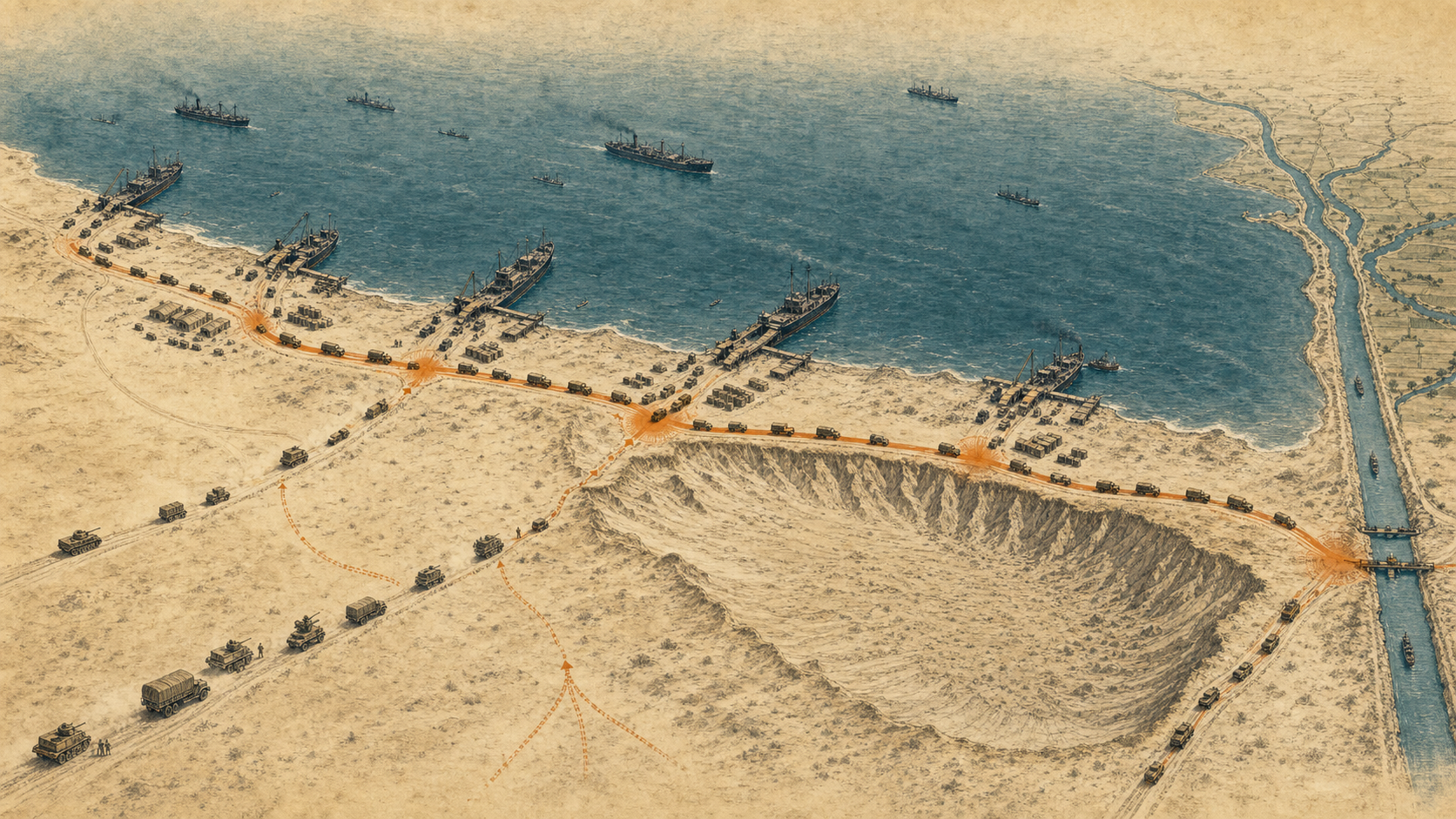 北非战场中港口、海运、海岸公路与沙漠地形共同限制军队的结构图