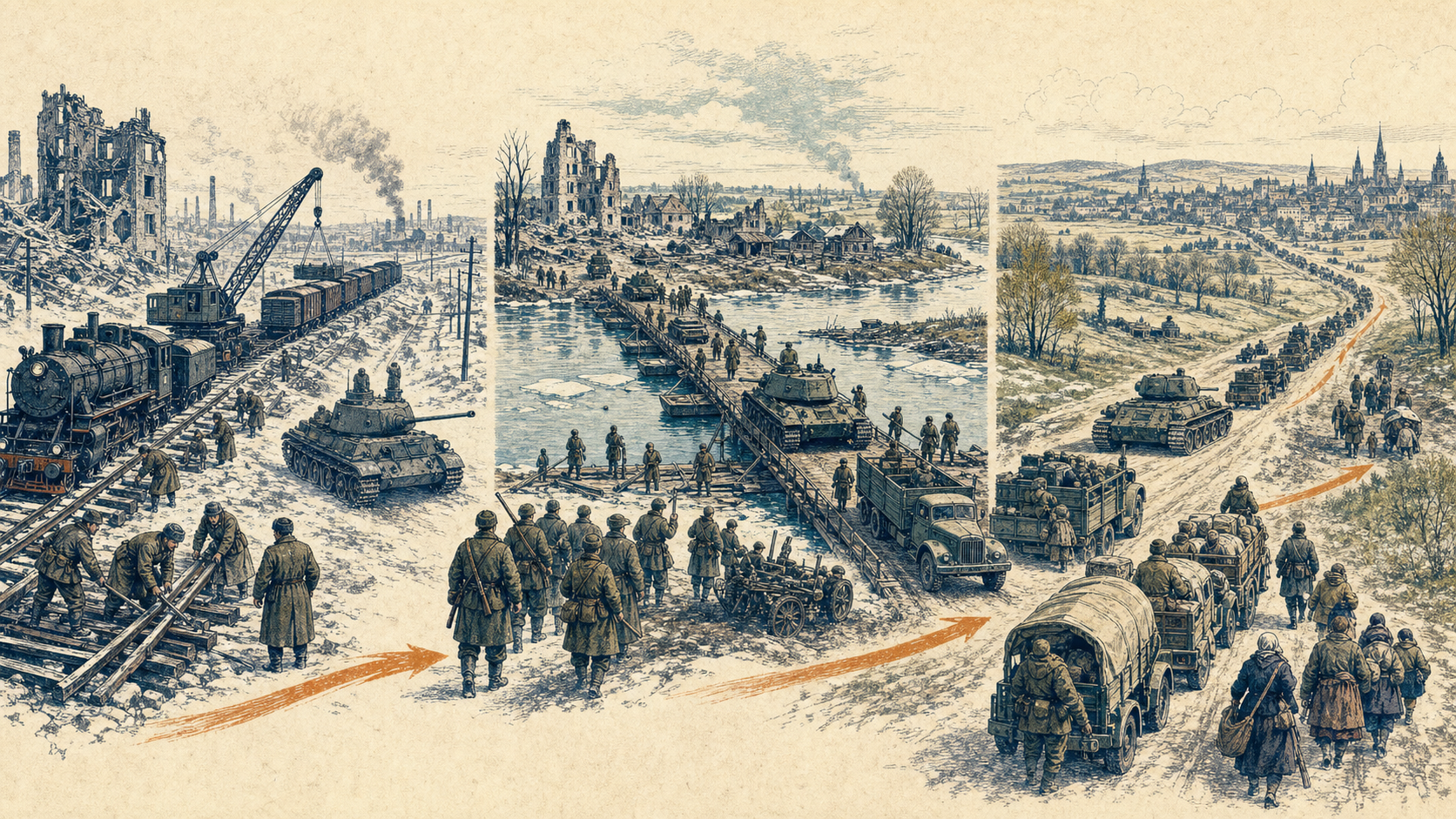 1943至1945年东线铁路、河流、工业与多阶段反攻的推进关系