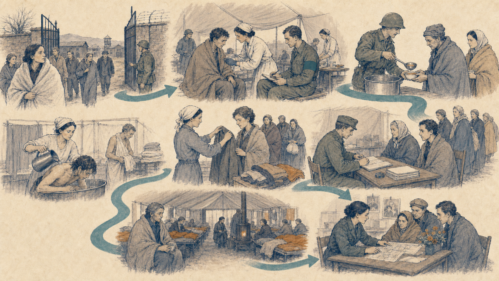 盟军到达营地后医疗、登记、供给与寻找亲人的非猎奇救援场景