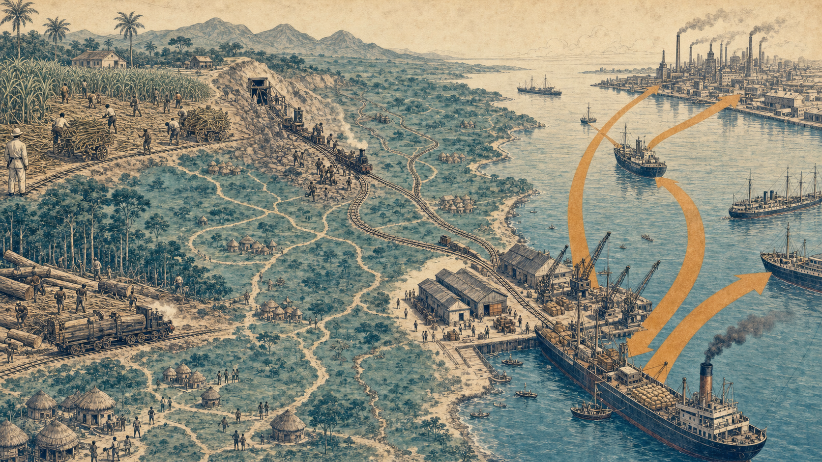 殖民经济从土地、矿山和种植园经铁路港口流向海外市场的结构图