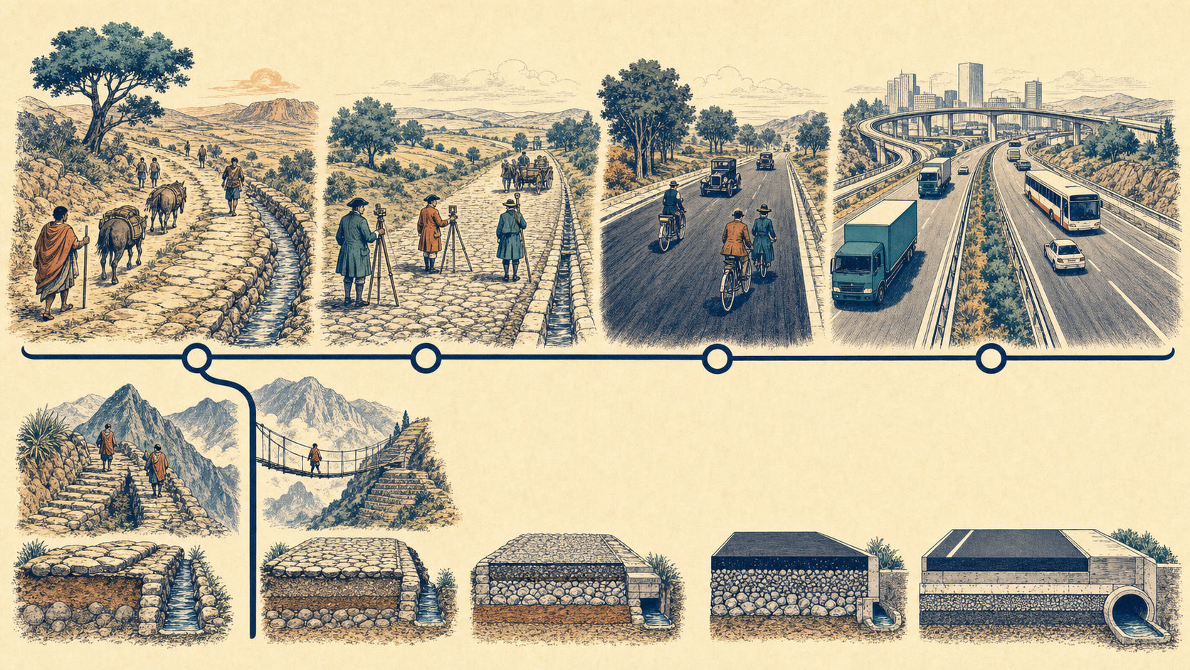 从古代驿道、碎石路、柏油公路到高速公路的技术时间线