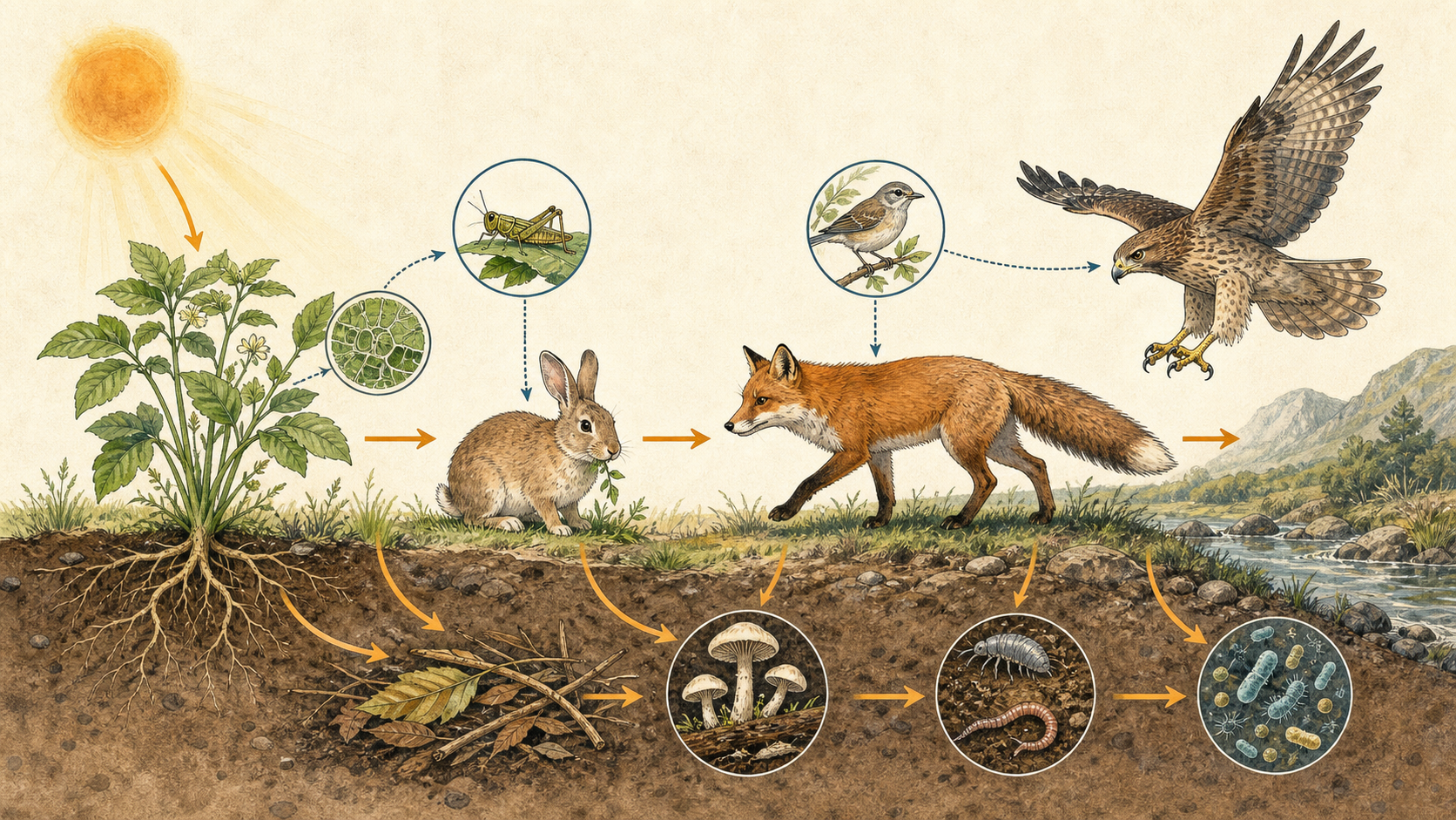 从阳光、植物、草食动物到捕食者与分解者的能量流动图