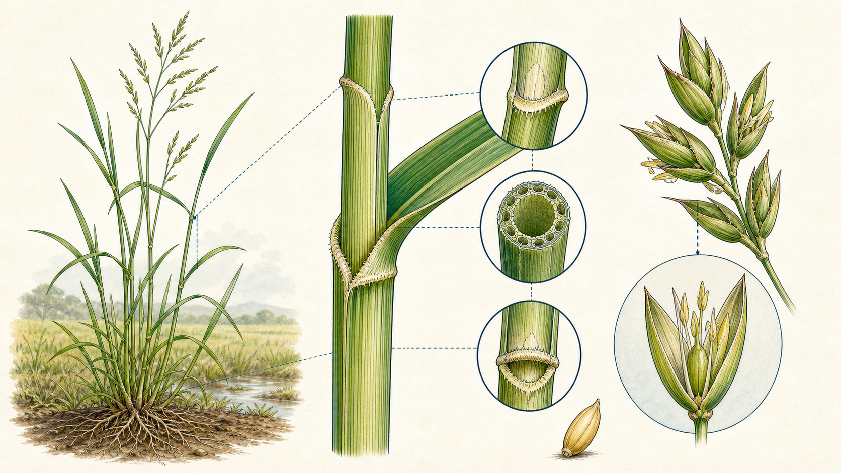 禾草的节、节间、叶鞘、叶片和小穗结构科学剖面