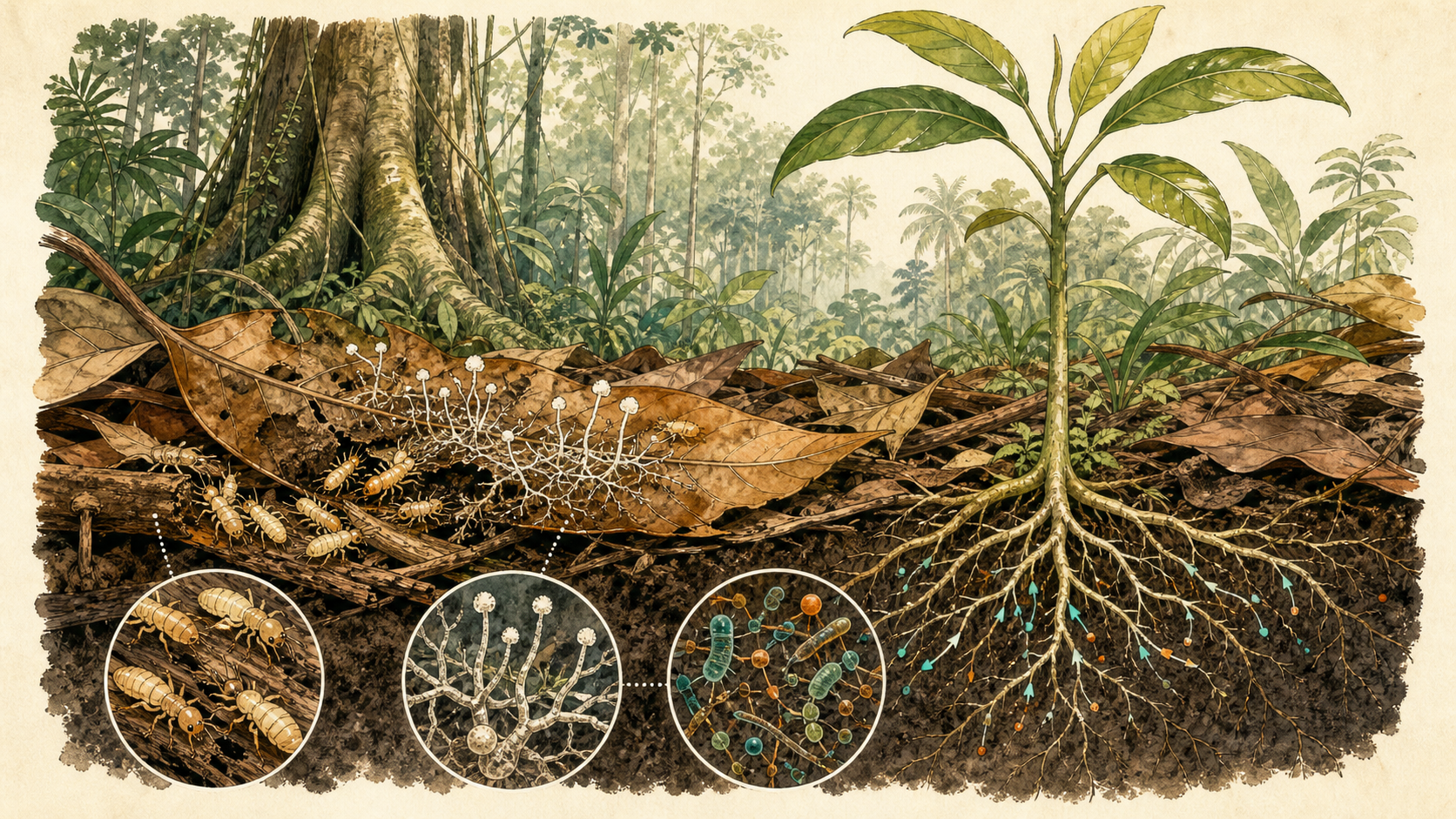 落叶被真菌、白蚁和微生物分解并由浅根重新吸收的雨林场景