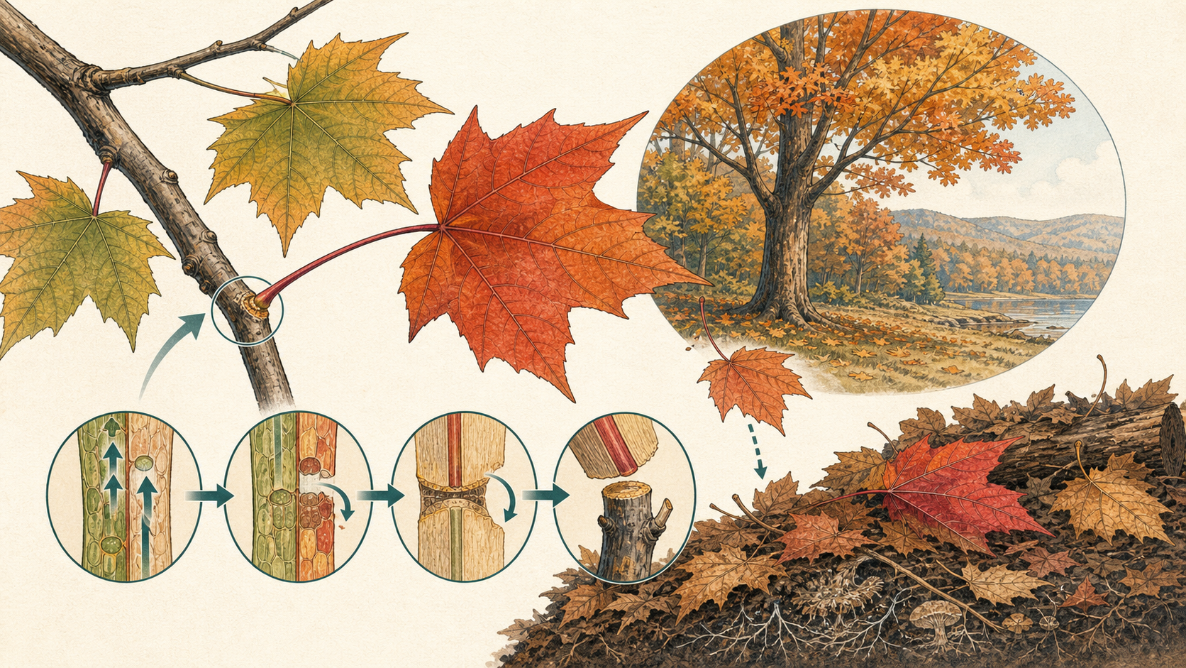 秋季槭树回收叶片养分、形成离层并落入分解层的连续场景