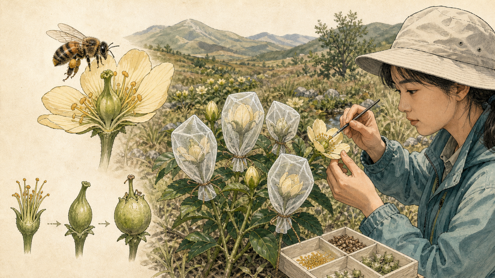 研究者用花朵套袋、人工补粉与观察访花比较授粉效果的实验场景