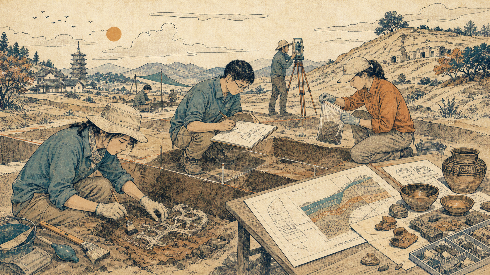 研究者把遗址地图、出土器物、植物种子与测年样本拼合为证据网络的场景
