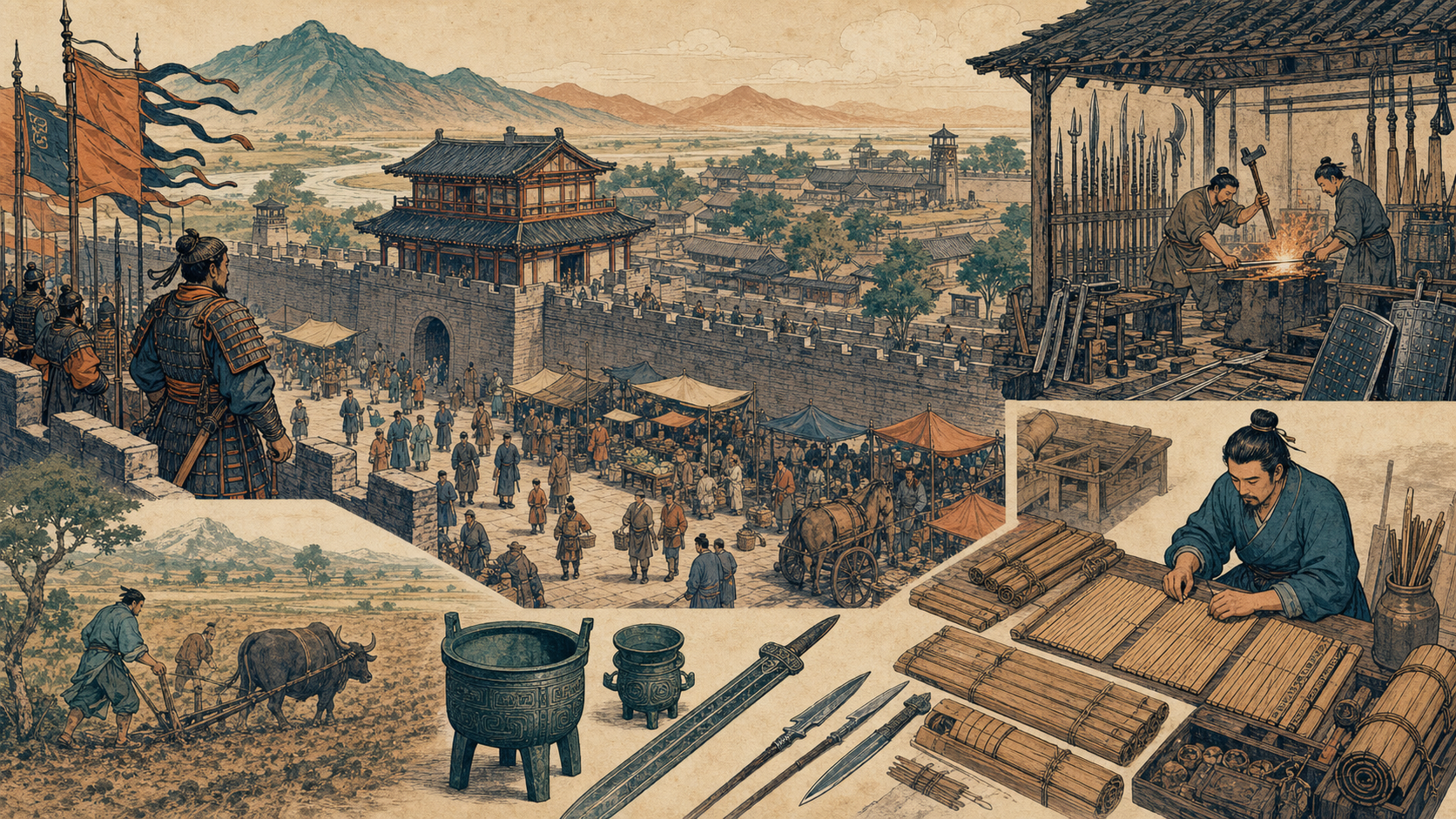 战国城市中市场、兵器作坊、竹简书写和城墙守备并行的生活场景
