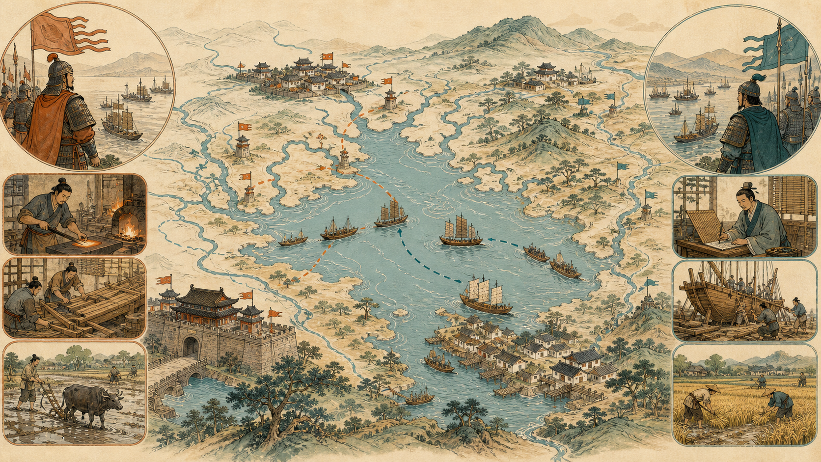 吴越主要城邑、水路与关键战争阶段的时间线地图