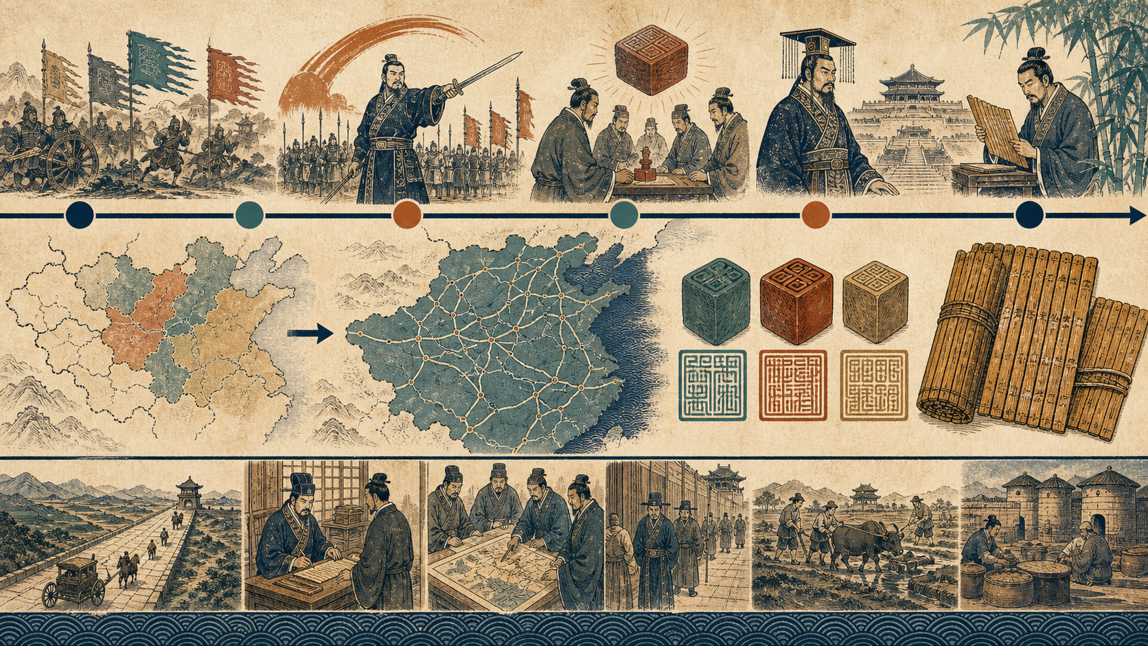 从战国多国到秦统一、汉初调整的时间线与行政层级图