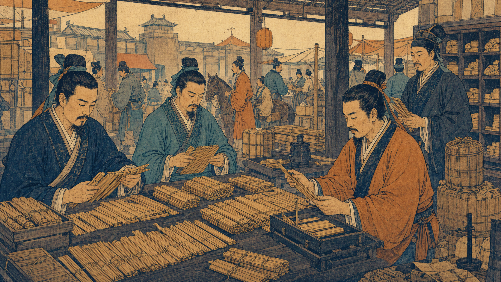 汉代书吏整理竹简、邮驿传递文书与市场交换货物的场景
