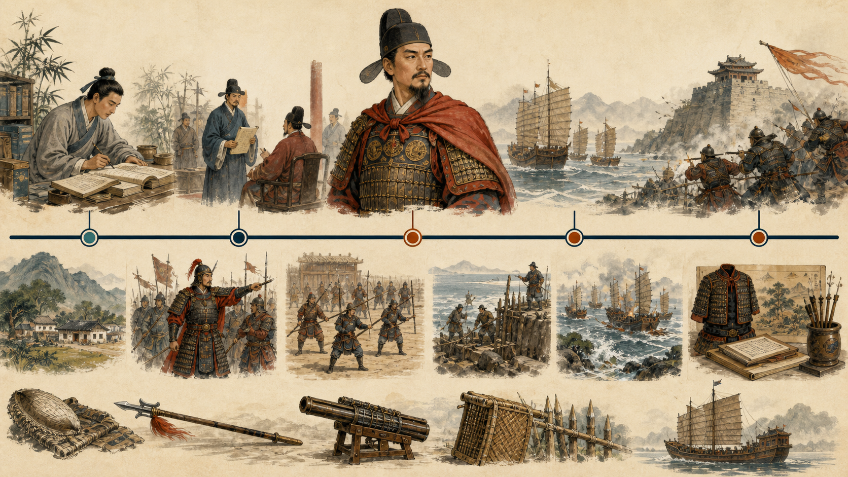 戚继光在东南练兵、抗倭与后来北方守边的时间线图