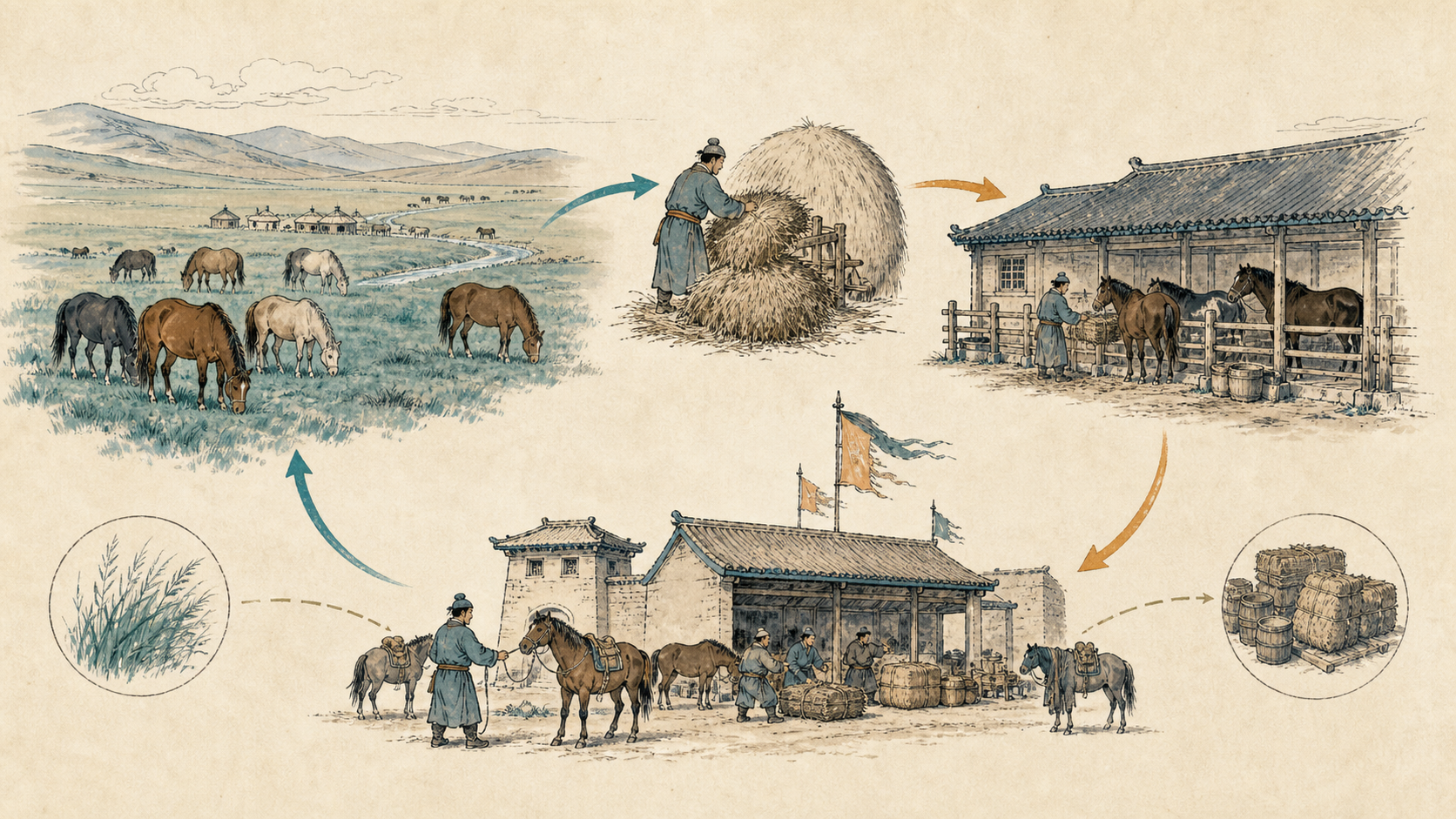 古代马政中牧场、马厩、鞍具维护与驿站补给的关系图