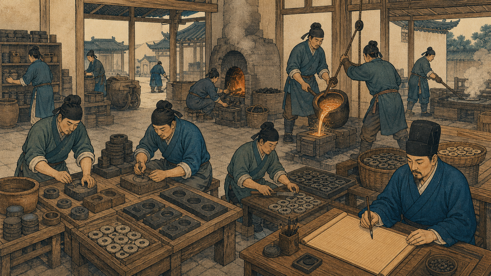 官营作坊中工官记录、工匠分工、模具检验与成品入库的场景