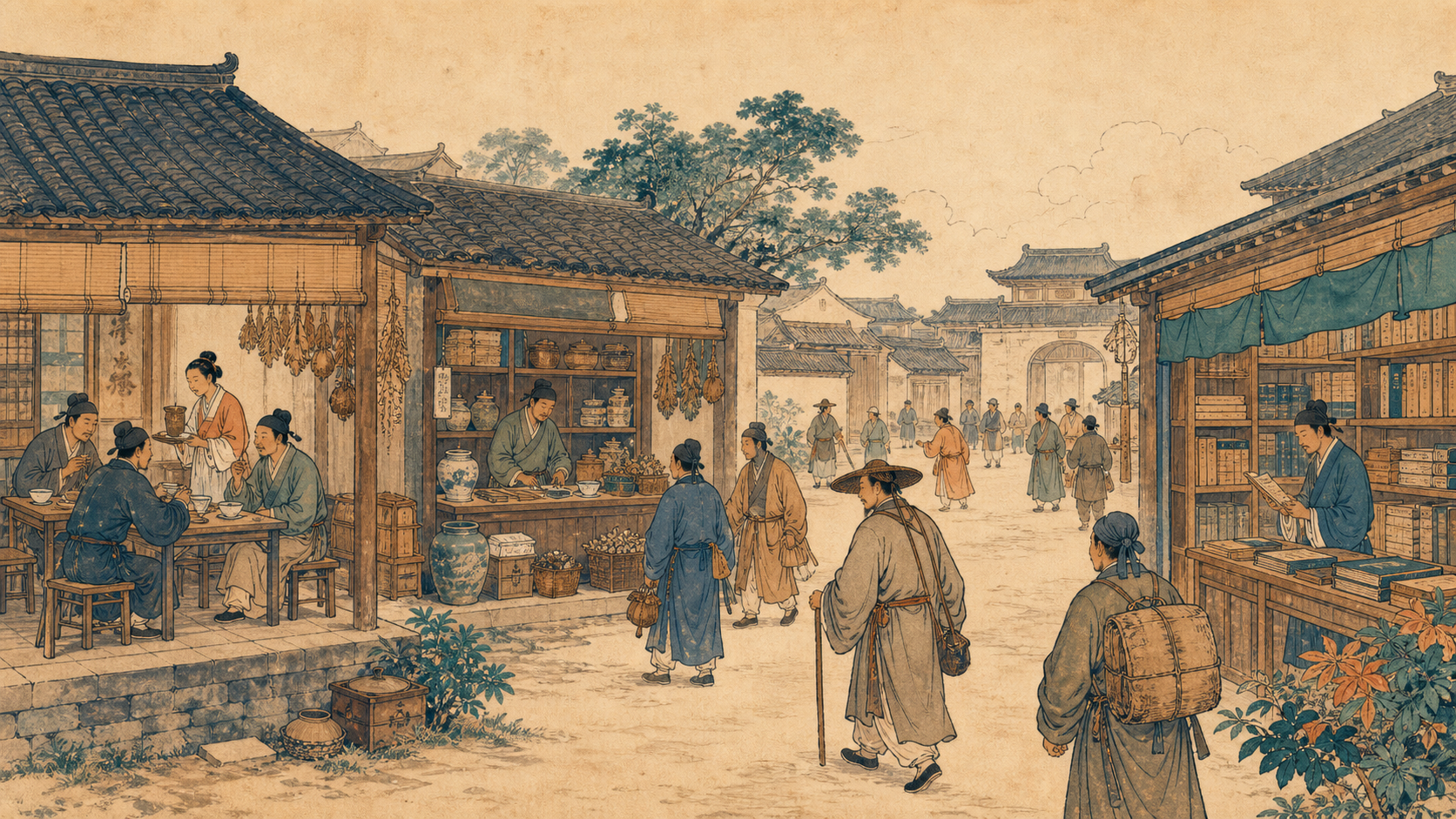 古代城镇中医者问诊、药铺配药、书肆抄写和茶肆接待旅人的场景