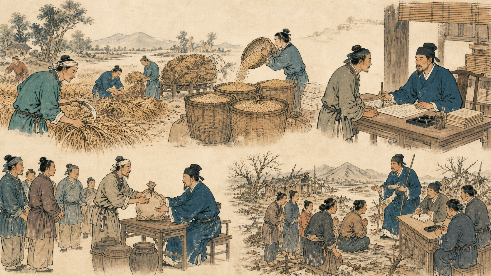 农户收获、登记、缴纳、服劳役以及灾年减免申请的历史场景