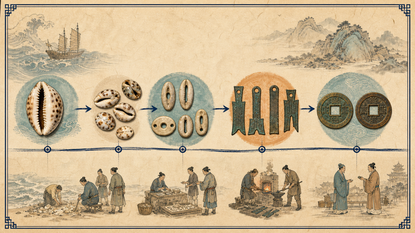 海贝、仿贝与早期金属货币展示交换媒介演变的时间线