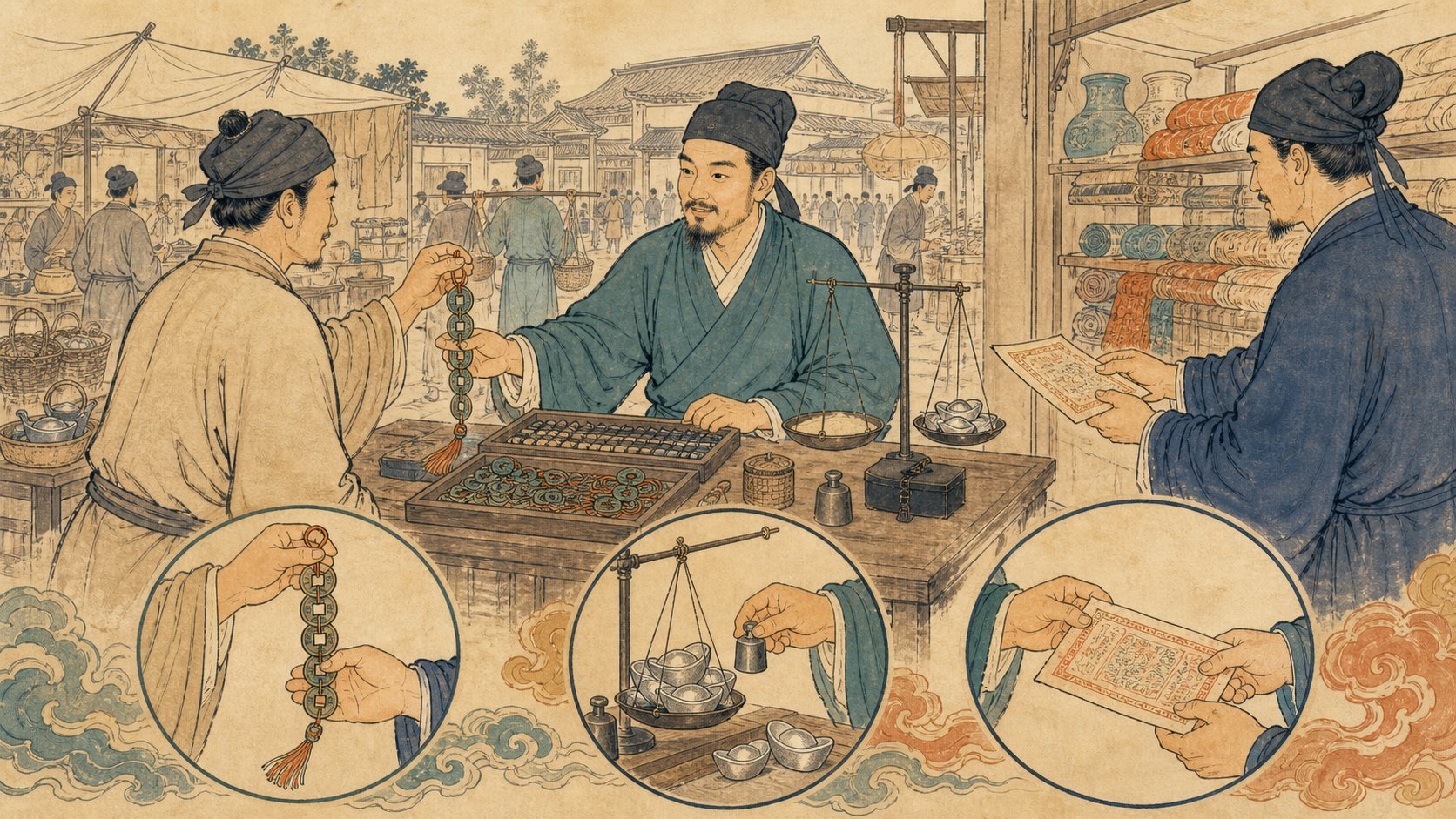 宋代商人以铜钱串、银两和交子进行不同规模交易的市场场景