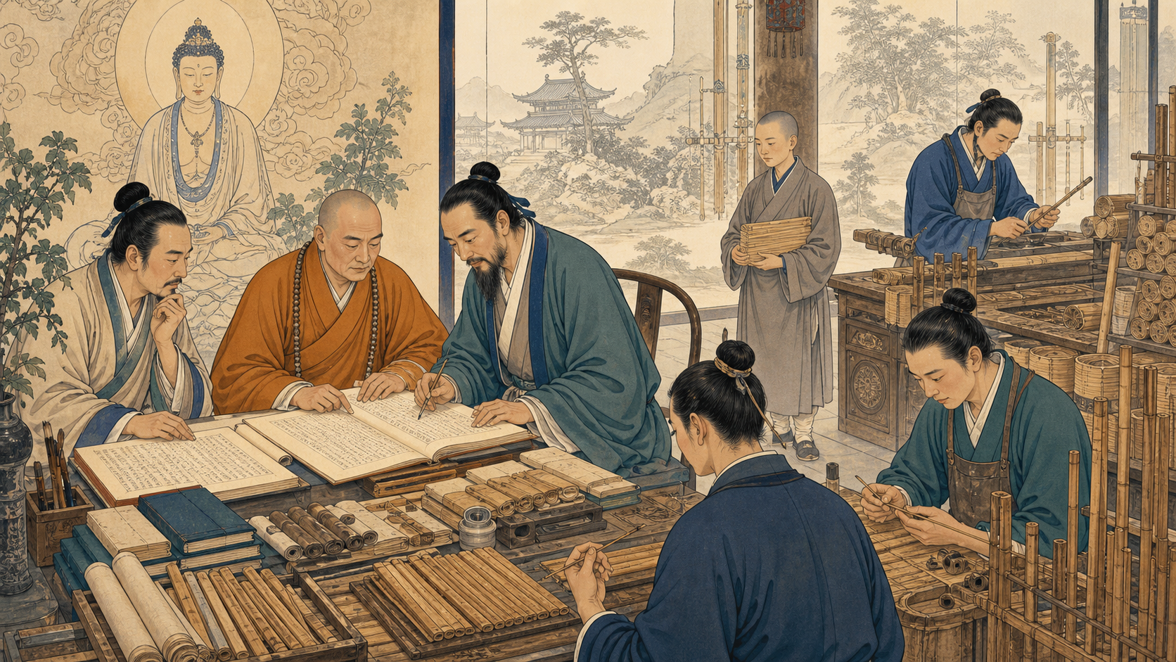 书院讲学、寺院译经、简帛校读与日常技艺知识并置的场景