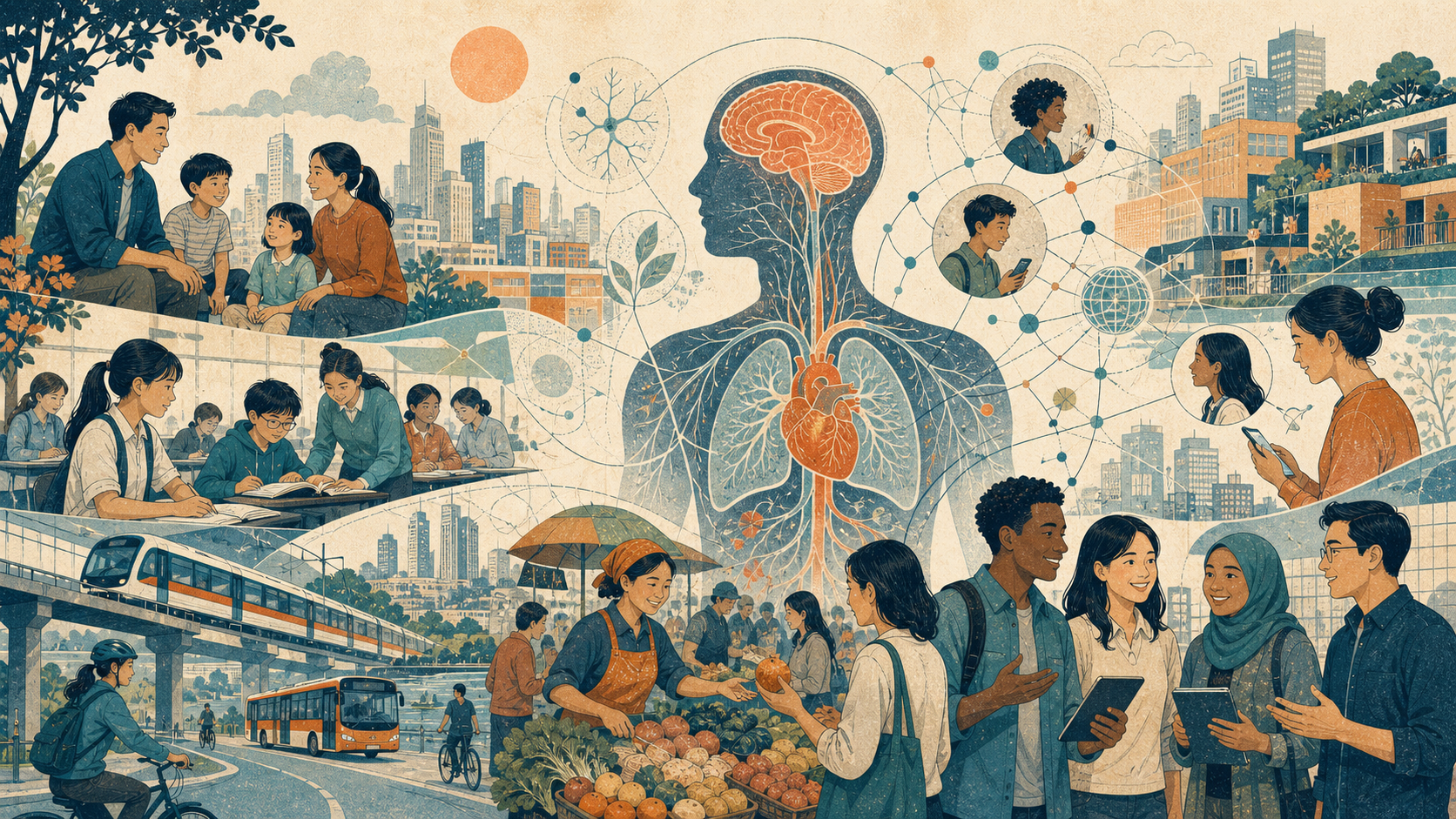 人体心脑肺结构与家庭、学校、交通、市场和交流网络相互连接