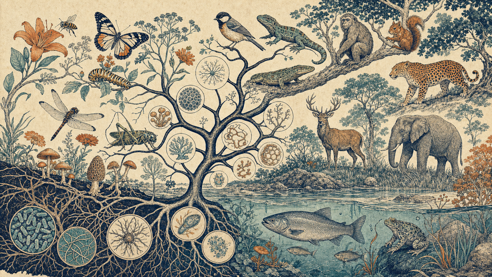 微生物、真菌、植物、昆虫、鱼、两栖类、鸟与哺乳动物组成的生命之树